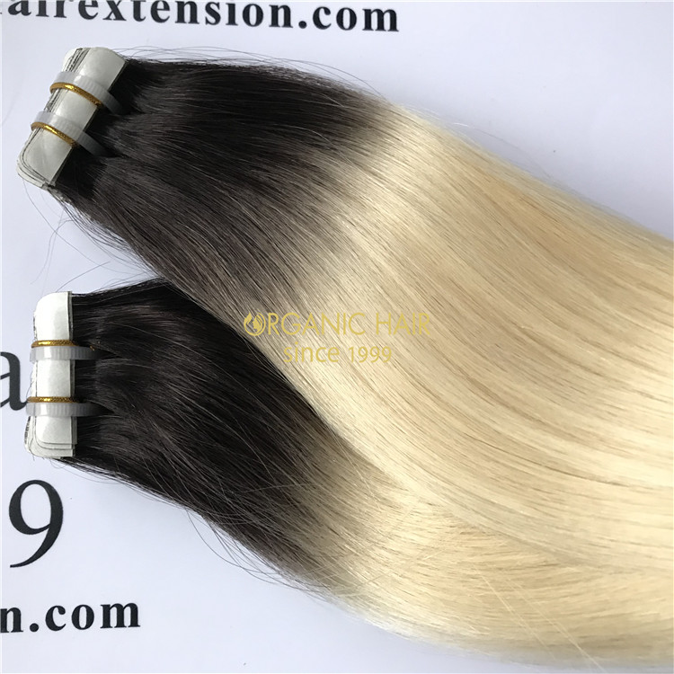 Human remy hair pu skin weft extension ombre color X57